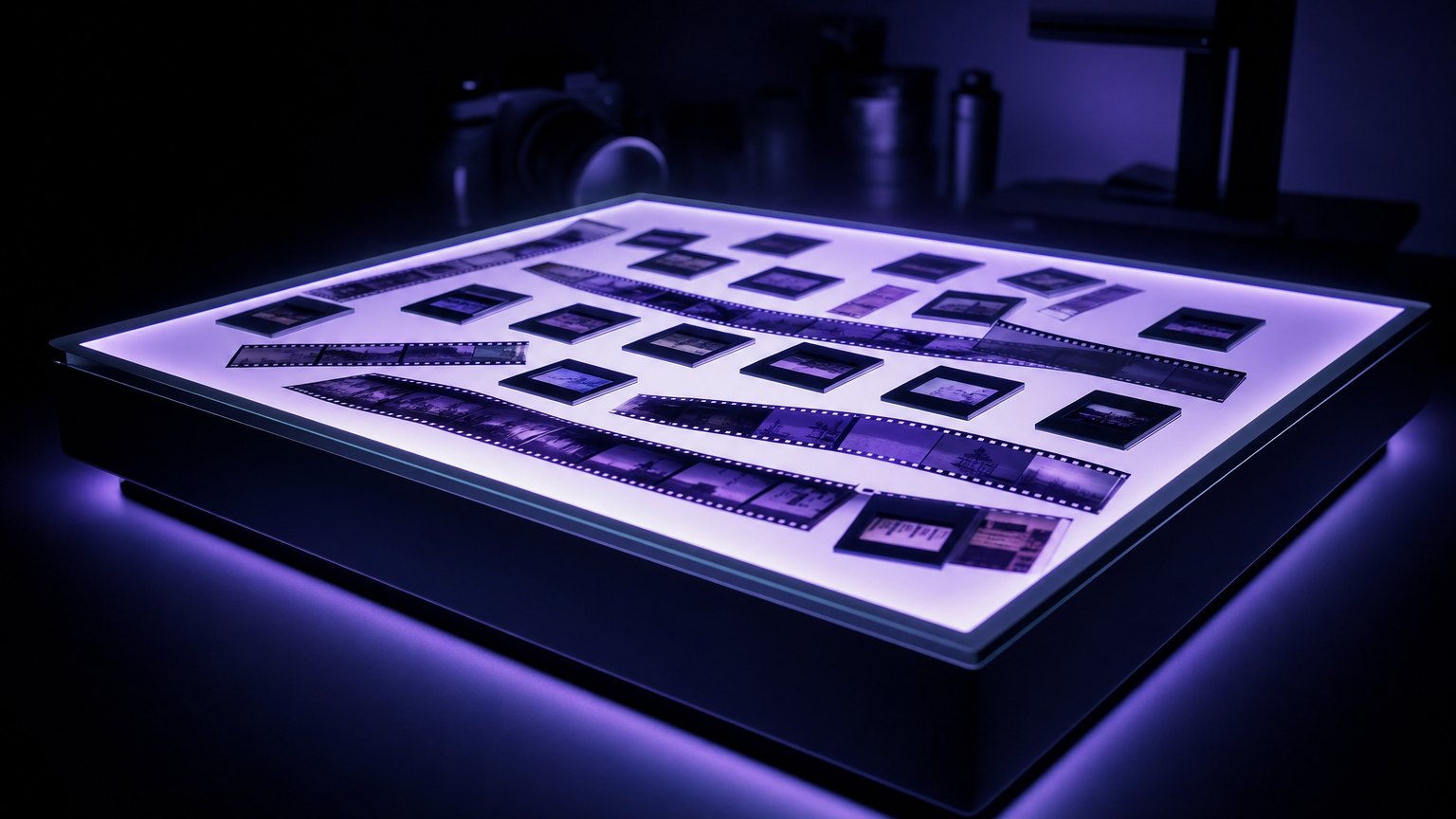A backlit light table glowing indigo and violet, scattered with 35mm film frames and mounted slides